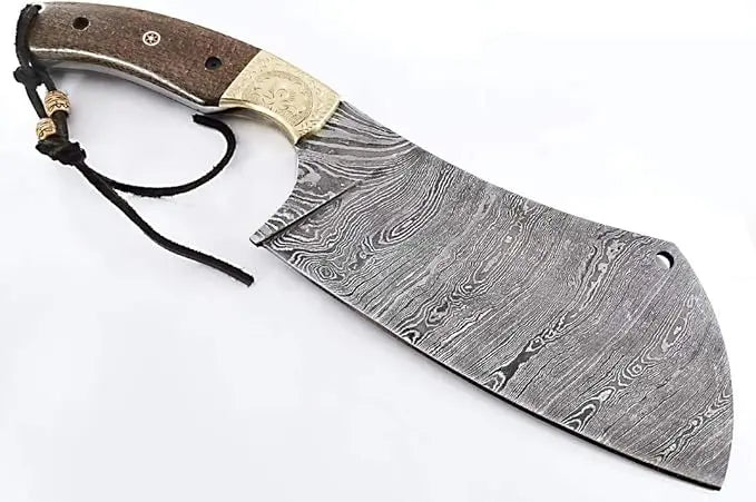 Damascus Chef Knife with Twist Pattern - Professional Cleaver Knife with Hand Engraved Brass Bolsters By Dessi Damascussteel
