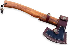 Custom Damascus Steel Hatchet - Military Tactical Tomahawk with Rose Burl Handle & Leather Holster Damascussteel