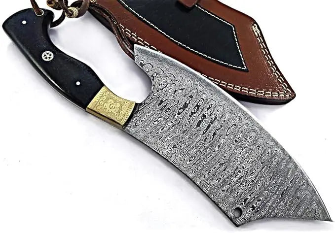 Large damascus steel meat cleaver knife with 8.46 inch blade and genuine leather sheath
