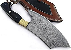 Large damascus steel meat cleaver knife with 8.46 inch blade and genuine leather sheath
