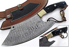 Professional Damascus Steel Butcher Knife - Hand Forged Meat Cleaver with Brass Bolsters Damascussteel