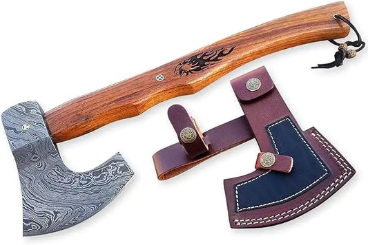 Custom Damascus Steel Hatchet - Military Tactical Tomahawk with Rose Burl Handle & Leather Holster Damascussteel