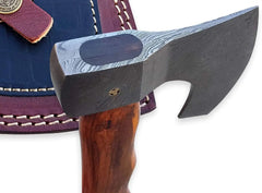Custom Damascus Steel Hatchet - Military Tactical Tomahawk with Rose Burl Handle & Leather Holster Damascussteel
