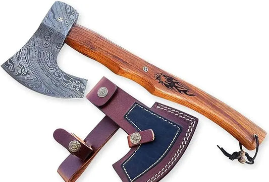 Custom Damascus Steel Hatchet - Military Tactical Tomahawk with Rose Burl Handle & Leather Holster Damascussteel