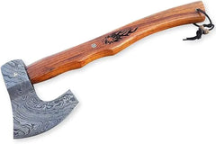 Custom Damascus Steel Hatchet - Military Tactical Tomahawk with Rose Burl Handle & Leather Holster Damascussteel