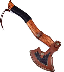Damascus Steel Tactical Axe - Hand Forged Tomahawk with Rose Burl Wood Handle & Leather Sheath Damascussteel