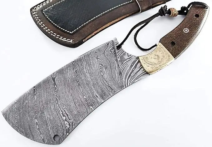 Damascus Chef Knife with Twist Pattern - Professional Cleaver Knife with Hand Engraved Brass Bolsters By Dessi Damascussteel