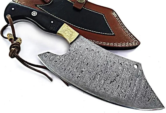 Professional Damascus Steel Butcher Knife - Hand Forged Meat Cleaver with Brass Bolsters Damascussteel