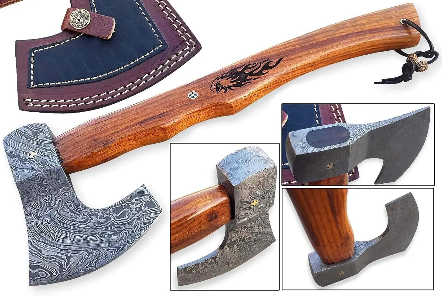 Custom Damascus Steel Hatchet - Military Tactical Tomahawk with Rose Burl Handle & Leather Holster Damascussteel