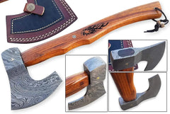 Custom Damascus Steel Hatchet - Military Tactical Tomahawk with Rose Burl Handle & Leather Holster Damascussteel