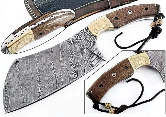 Damascus Chef Knife with Twist Pattern - Professional Cleaver Knife with Hand Engraved Brass Bolsters By Dessi Damascussteel