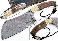 Damascus Chef Knife with Twist Pattern - Professional Cleaver Knife with Hand Engraved Brass Bolsters By Dessi Damascussteel