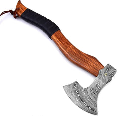 Damascus Steel Tactical Axe - Hand Forged Tomahawk with Rose Burl Wood Handle & Leather Sheath Damascussteel