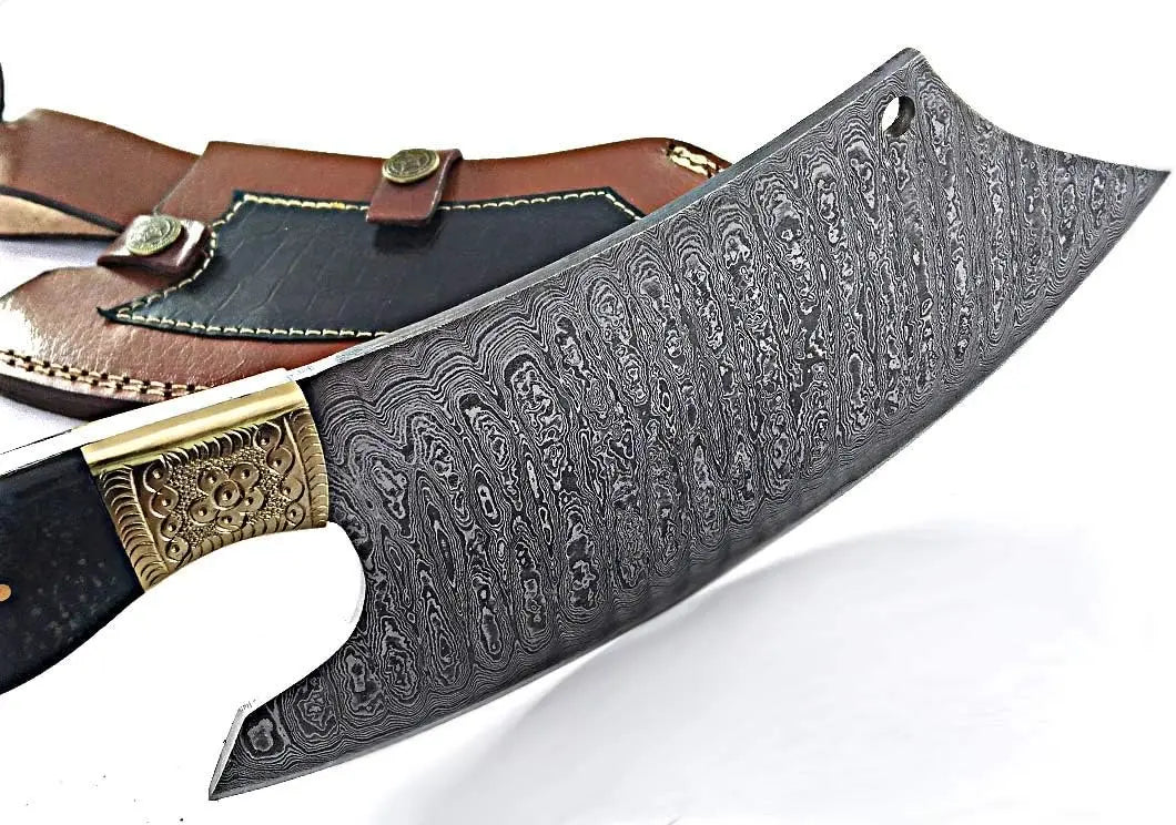Sharp damascus steel cleaver knife with micarta handle and leather sheath for professional kitchens
