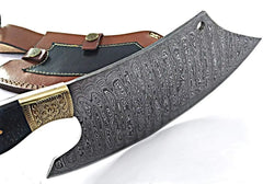 Sharp damascus steel cleaver knife with micarta handle and leather sheath for professional kitchens