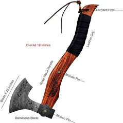 Damascus Steel Tactical Axe - Hand Forged Tomahawk with Rose Burl Wood Handle & Leather Sheath Damascussteel