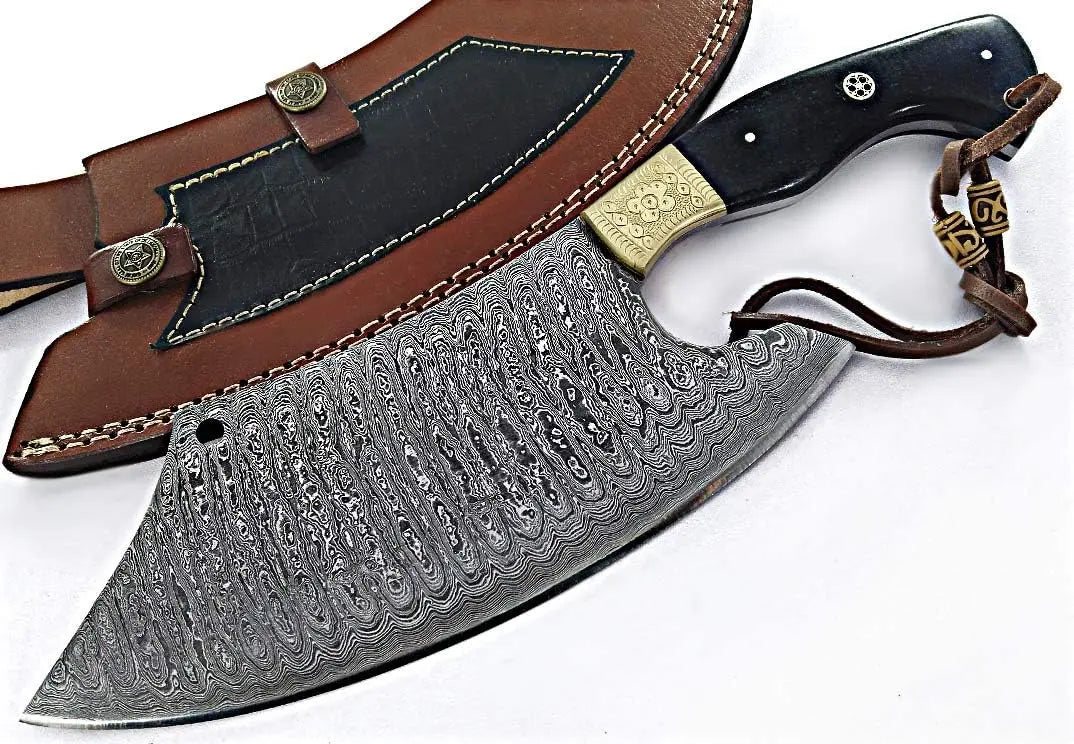 

Professional meat cutting knife with damascus steel construction and premium leather storage sheath
