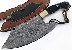 

Professional meat cutting knife with damascus steel construction and premium leather storage sheath

