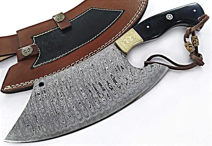 Professional Damascus Steel Butcher Knife - Hand Forged Meat Cleaver with Brass Bolsters Damascussteel