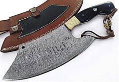 Professional Damascus Steel Butcher Knife - Hand Forged Meat Cleaver with Brass Bolsters Damascussteel