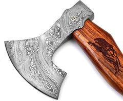 Damascus Steel Tactical Axe - Hand Forged Tomahawk with Rose Burl Wood Handle & Leather Sheath Damascussteel