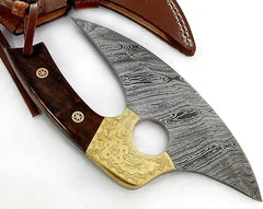 Premium Damascus Ulu Knife - Burl Rose Wood Handle Damascussteel