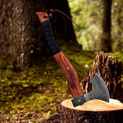 Damascus Steel Tactical Axe - Hand Forged Tomahawk with Rose Burl Wood Handle & Leather Sheath Damascussteel
