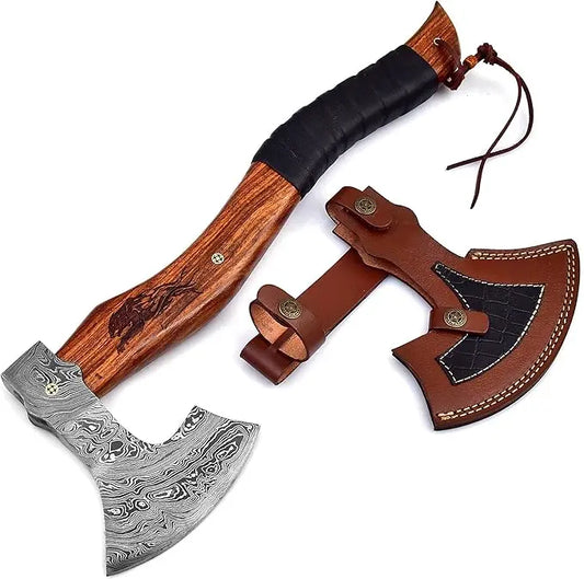 Damascus Steel Tactical Axe - Hand Forged Tomahawk with Rose Burl Wood Handle & Leather Sheath Damascussteel