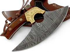 Premium Damascus Ulu Knife - Burl Rose Wood Handle Damascussteel
