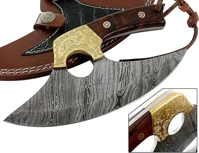 Premium Damascus Ulu Knife - Burl Rose Wood Handle Damascussteel