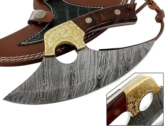 Premium Damascus Ulu Knife - Burl Rose Wood Handle Damascussteel