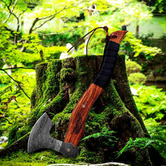 Damascus Steel Tactical Axe - Hand Forged Tomahawk with Rose Burl Wood Handle & Leather Sheath Damascussteel