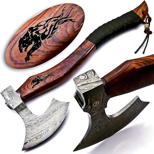 Damascus Steel Tactical Axe - Hand Forged Tomahawk with Rose Burl Wood Handle & Leather Sheath Damascussteel