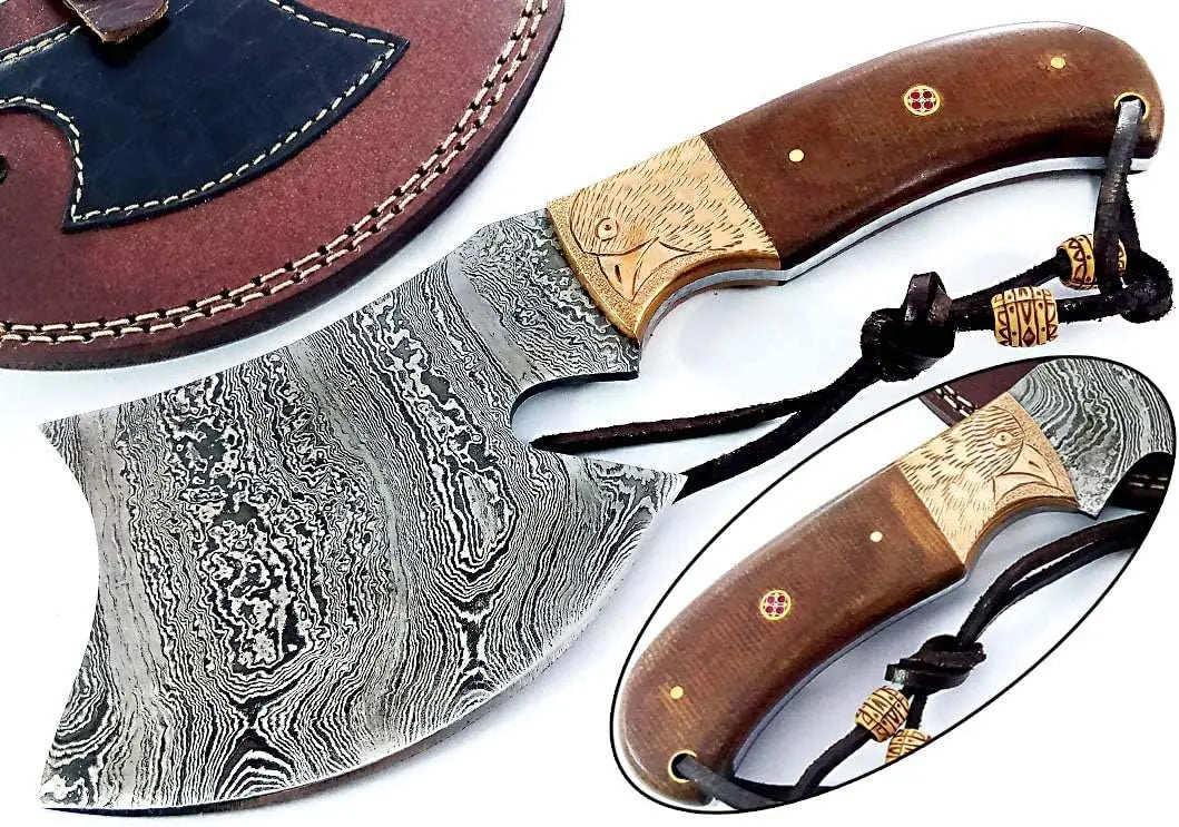 Tact Axe EDC Hatchet - Damascus Steel with Hand Engraved Eagle Copper Bolsters Wholesale Knives