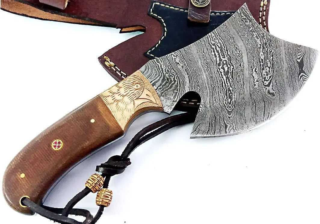Tact Axe EDC Hatchet - Damascus Steel with Hand Engraved Eagle Copper Bolsters Wholesale Knives