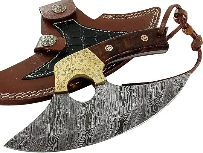 Premium Damascus Ulu Knife - Burl Rose Wood Handle Damascussteel