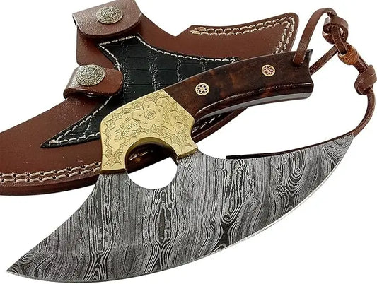 Premium Damascus Ulu Knife - Burl Rose Wood Handle Damascussteel