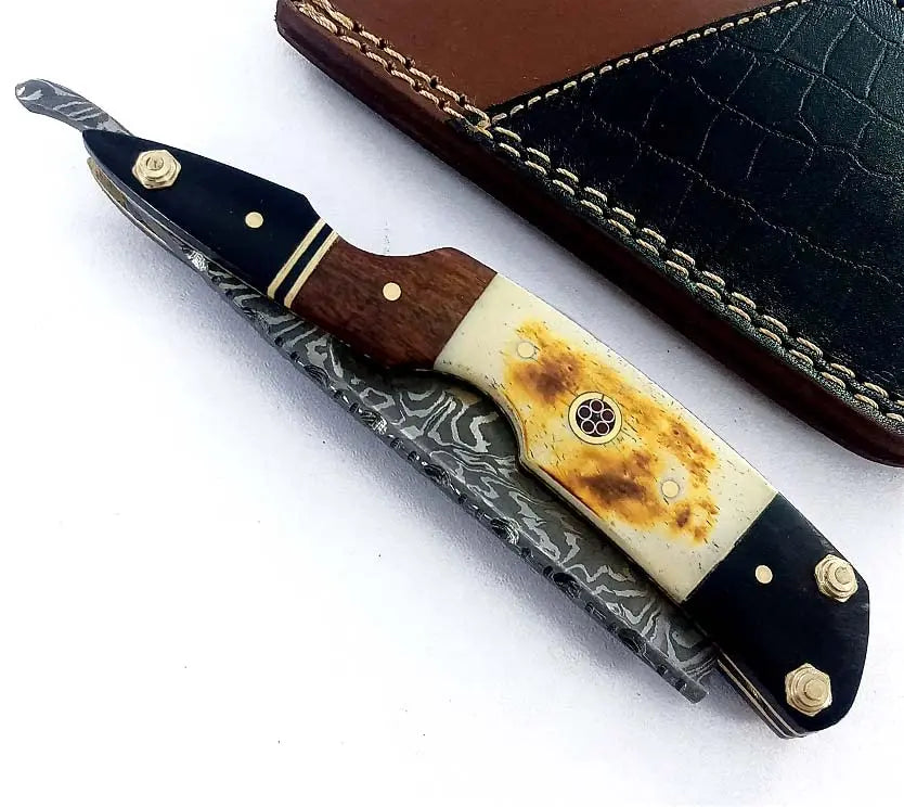 Handmade Damascus Steel Straight Razor with Leather Sheath - Professional Barber Blade Damascussteel
