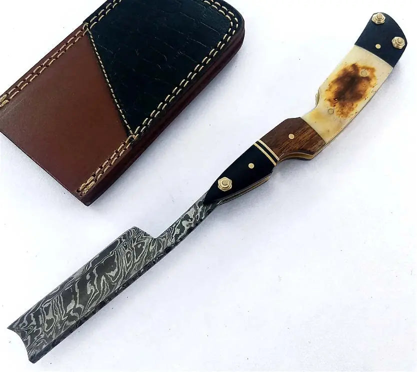 Handmade Damascus Steel Straight Razor with Leather Sheath - Professional Barber Blade Damascussteel