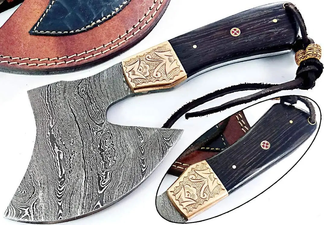 Best Rated Tactical Hatchet - Damascus Steel with Hand Engraved Copper Bolsters Wholesale Knives