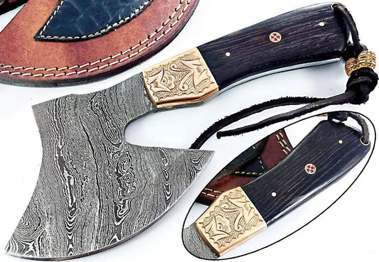 Best Rated Tactical Hatchet - Damascus Steel with Hand Engraved Copper Bolsters Wholesale Knives