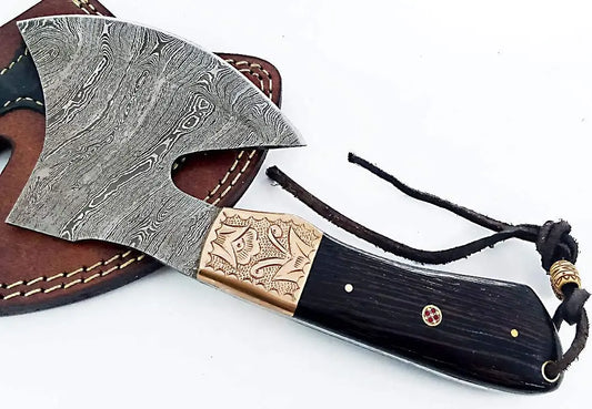 Best Rated Tactical Hatchet - Damascus Steel with Hand Engraved Copper Bolsters Wholesale Knives