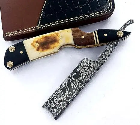Handmade Damascus steel straight razor leather sheath Dessi
