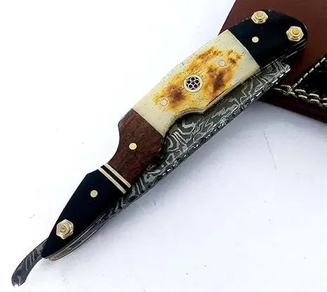 Custom straight razor Damascus steel blade camel bone handle