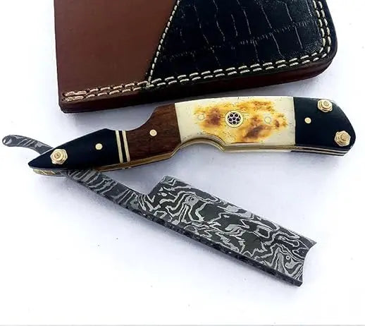 Damascus straight razor bull horn handle mosaic pin blade