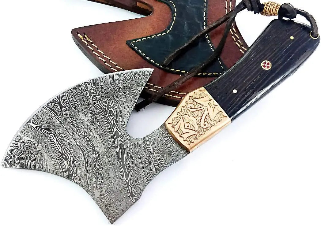 Best Rated Tactical Hatchet - Damascus Steel with Hand Engraved Copper Bolsters Wholesale Knives