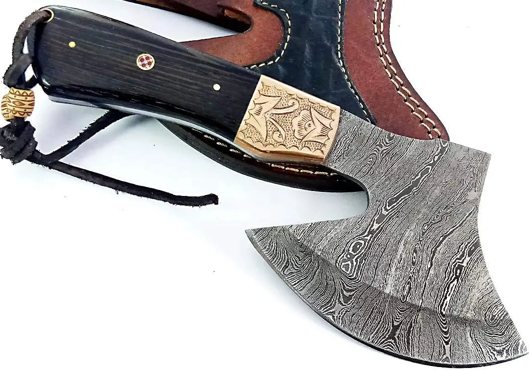 Best Rated Tactical Hatchet - Damascus Steel with Hand Engraved Copper Bolsters Wholesale Knives