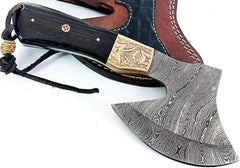 Best Rated Tactical Hatchet - Damascus Steel with Hand Engraved Copper Bolsters Wholesale Knives
